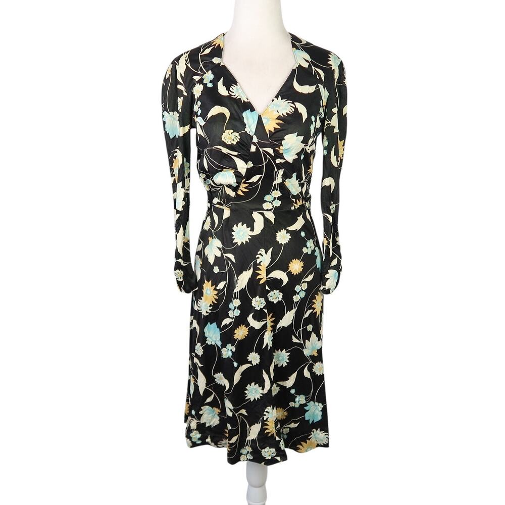Vintage 70s Plain Jane Black and Yellow Floral A-Line Knee Length Dress S
